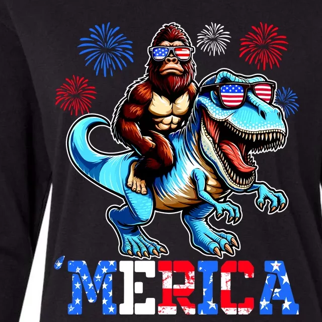 Bigfoot Riding Trex 4th Of July Merica Womens Cotton Relaxed Long Sleeve T-Shirt