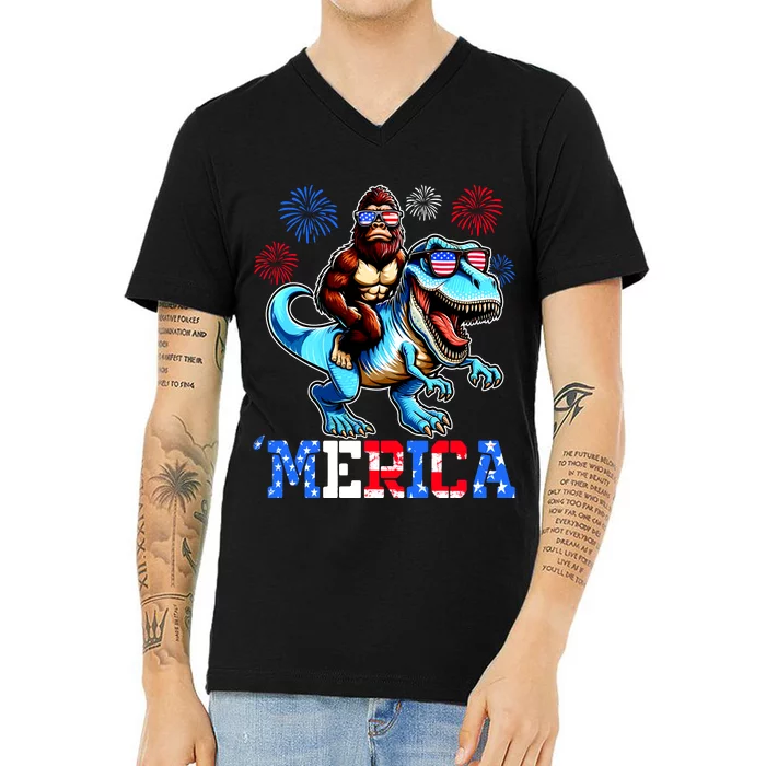 Bigfoot Riding Trex 4th Of July Merica V-Neck T-Shirt