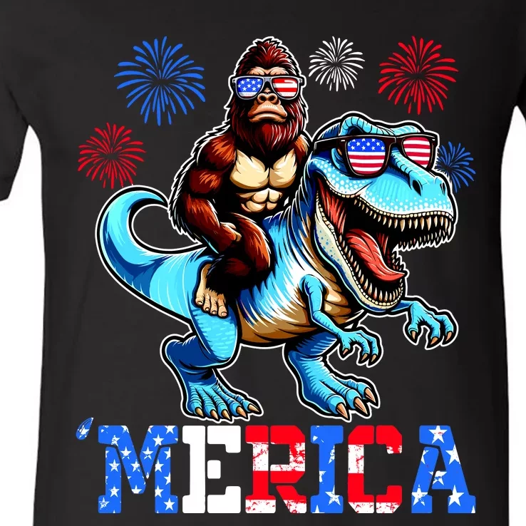 Bigfoot Riding Trex 4th Of July Merica V-Neck T-Shirt