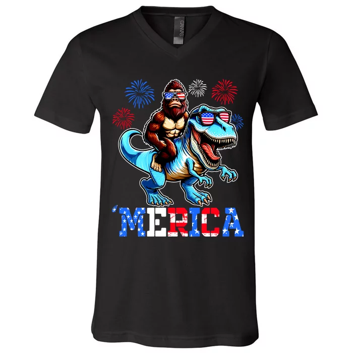 Bigfoot Riding Trex 4th Of July Merica V-Neck T-Shirt