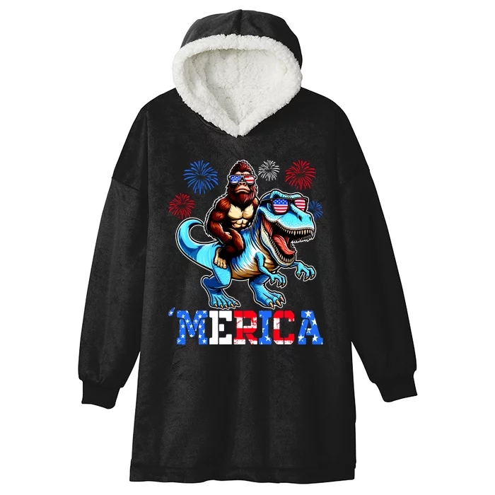 Bigfoot Riding Trex 4th Of July Merica Hooded Wearable Blanket