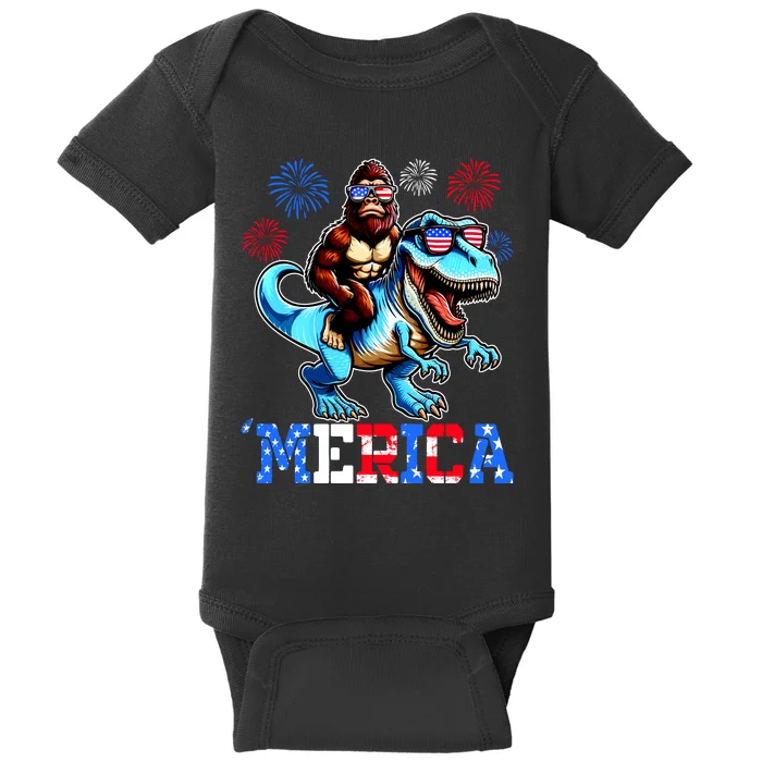 Bigfoot Riding Trex 4th Of July Merica Baby Bodysuit