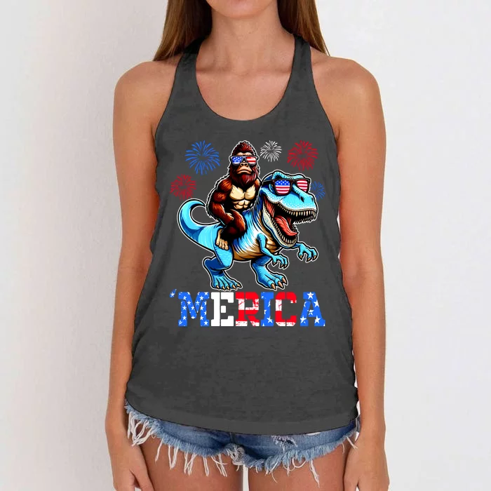 Bigfoot Riding Trex 4th Of July Merica Women's Knotted Racerback Tank