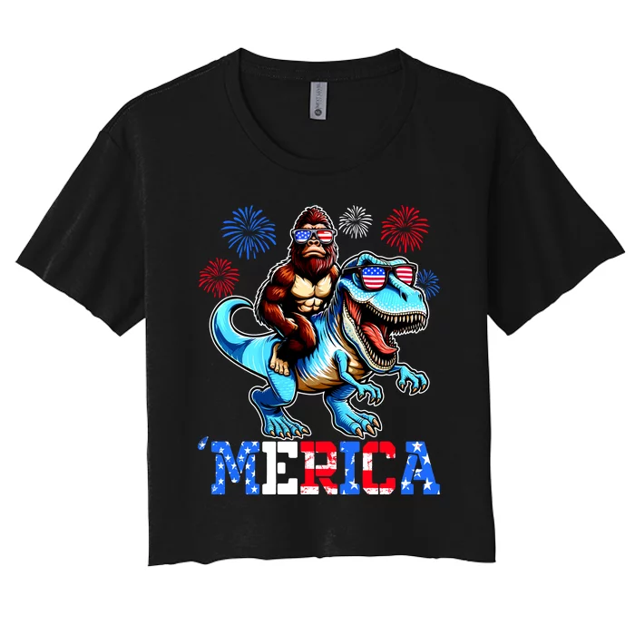 Bigfoot Riding Trex 4th Of July Merica Women's Crop Top Tee