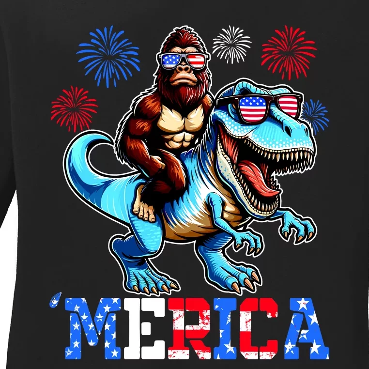 Bigfoot Riding Trex 4th Of July Merica Ladies Long Sleeve Shirt