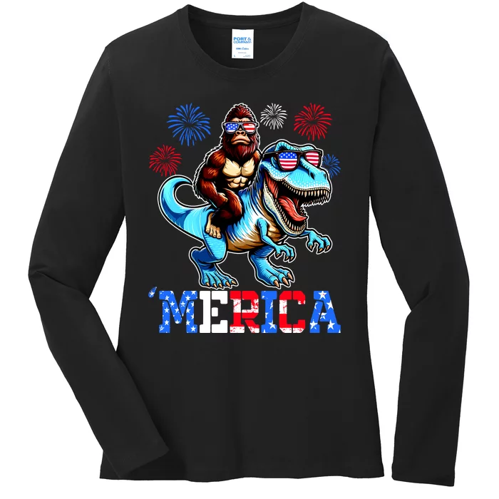 Bigfoot Riding Trex 4th Of July Merica Ladies Long Sleeve Shirt