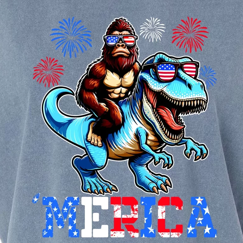 Bigfoot Riding Trex 4th Of July Merica Garment-Dyed Women's Muscle Tee