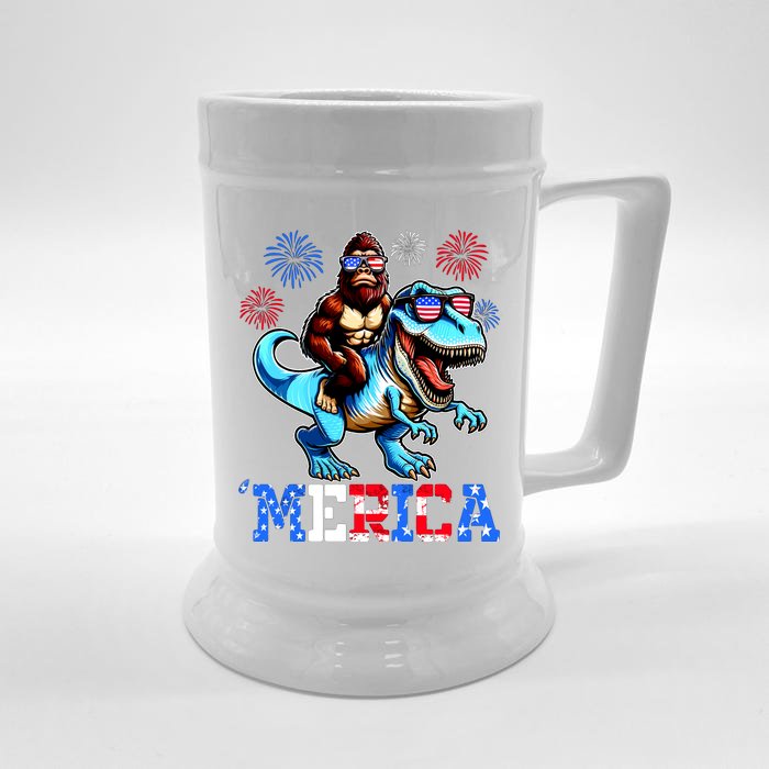 Bigfoot Riding Trex 4th Of July Merica Front & Back Beer Stein