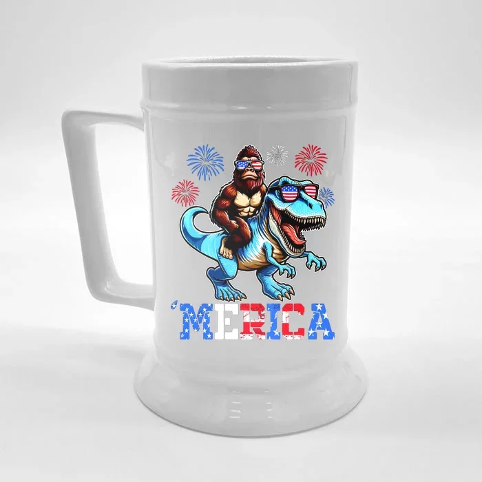 Bigfoot Riding Trex 4th Of July Merica Front & Back Beer Stein