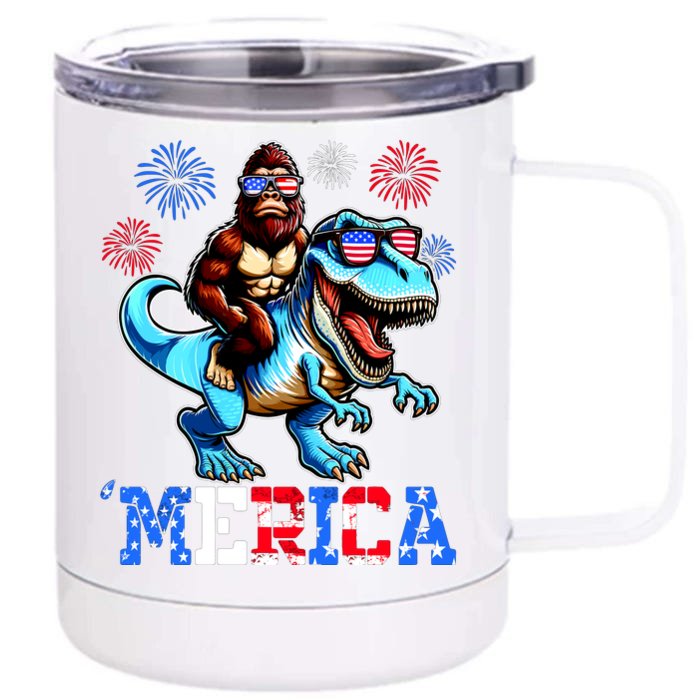 Bigfoot Riding Trex 4th Of July Merica Front & Back 12oz Stainless Steel Tumbler Cup