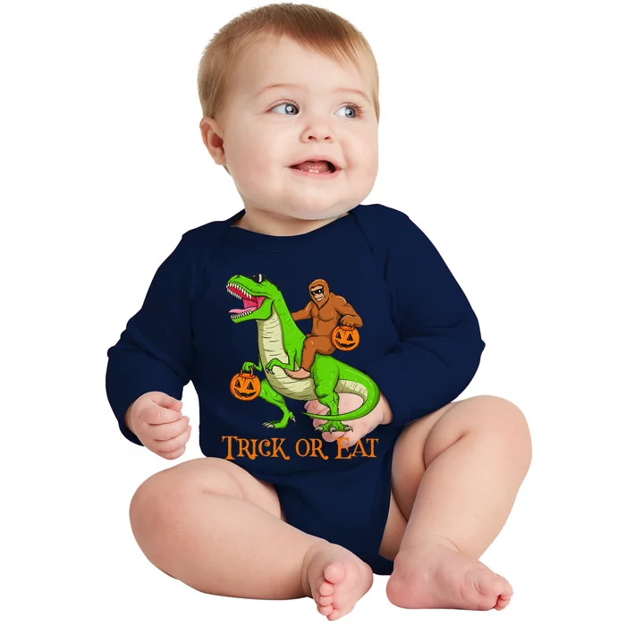 Bigfoot Riding T Rex Dinosaur Halloween Trick Or Eat Pun Cute Baby Long Sleeve Bodysuit