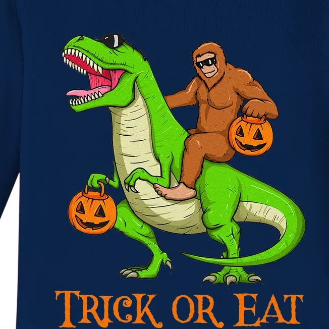 Bigfoot Riding T Rex Dinosaur Halloween Trick Or Eat Pun Cute Baby Long Sleeve Bodysuit