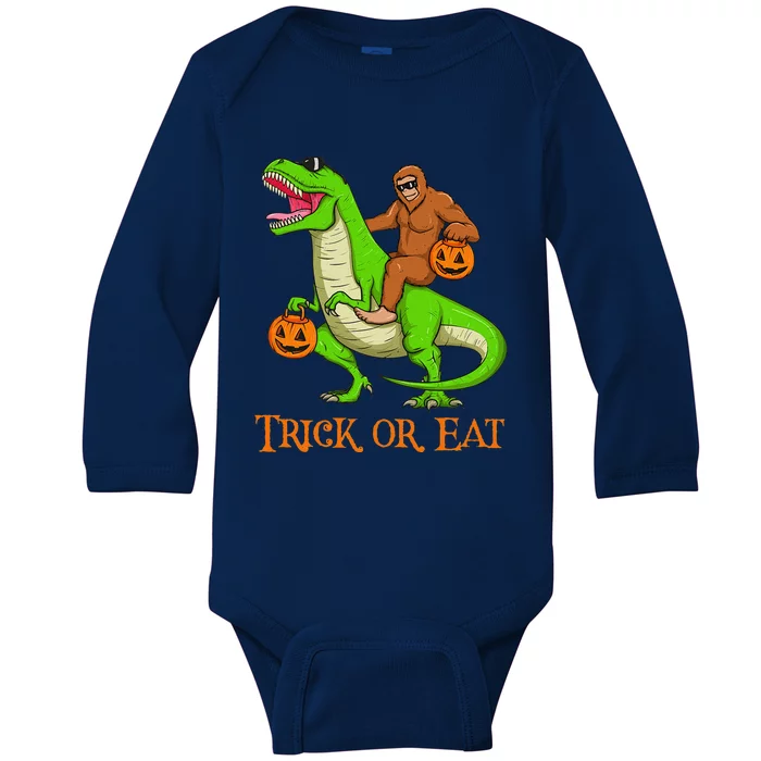 Bigfoot Riding T Rex Dinosaur Halloween Trick Or Eat Pun Cute Baby Long Sleeve Bodysuit