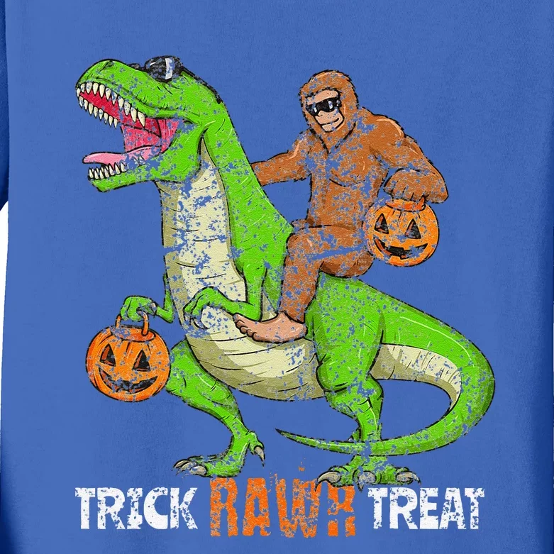 Bigfoot Riding T Rex Dinosaur Halloween Trick Rawr Treat Funny Kids Long Sleeve Shirt