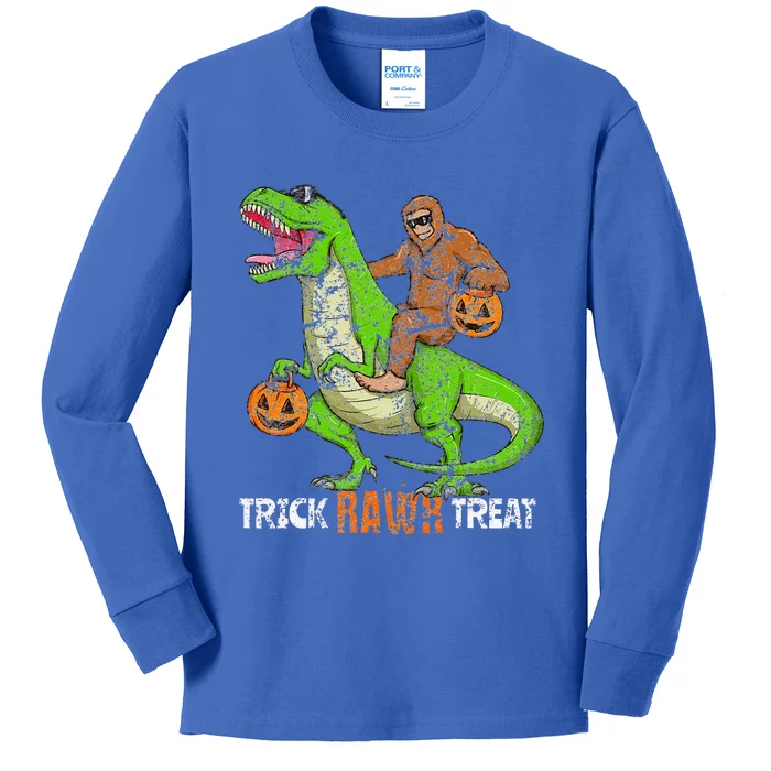 Bigfoot Riding T Rex Dinosaur Halloween Trick Rawr Treat Funny Kids Long Sleeve Shirt