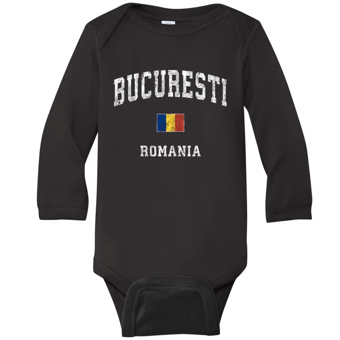 Bucharest Romania Vintage Athletic Sports Design Baby Long Sleeve Bodysuit