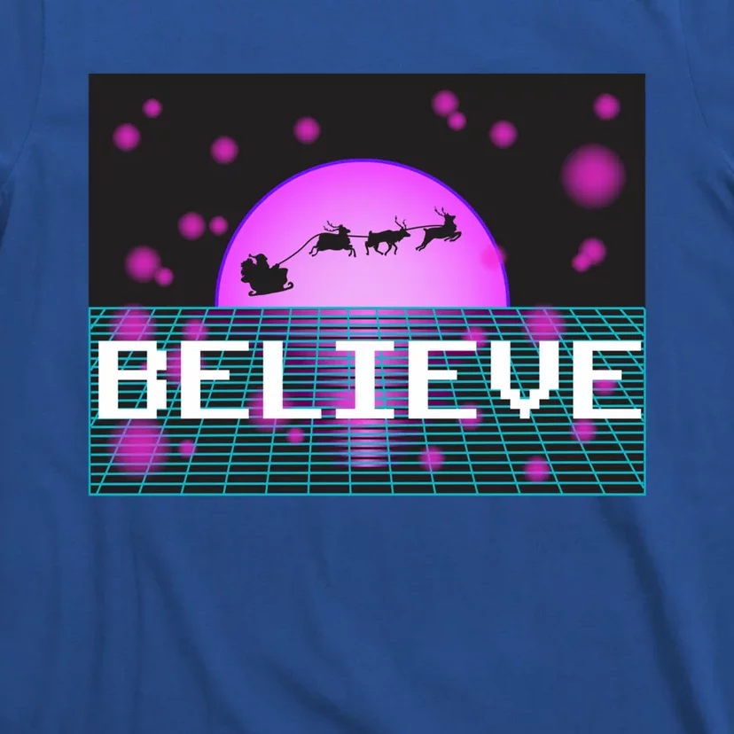 Believe Retro Vaporwave Santa Sleigh Flying Christmas Gift T-Shirt