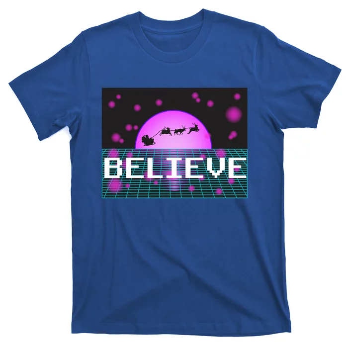 Believe Retro Vaporwave Santa Sleigh Flying Christmas Gift T-Shirt