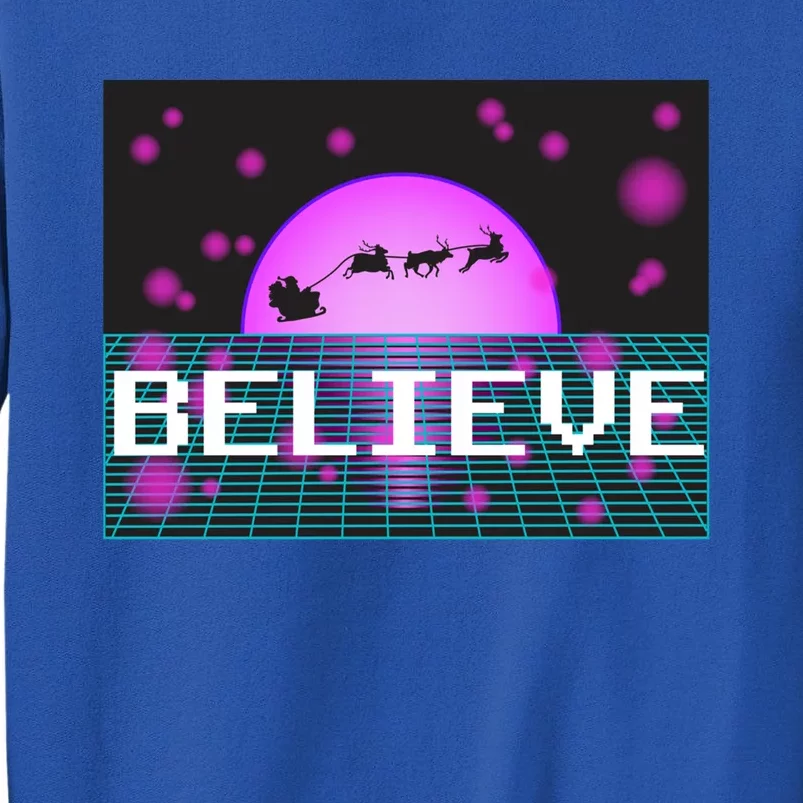 Believe Retro Vaporwave Santa Sleigh Flying Christmas Gift Tall Sweatshirt