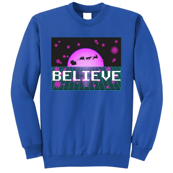 Believe Retro Vaporwave Santa Sleigh Flying Christmas Gift Tall Sweatshirt