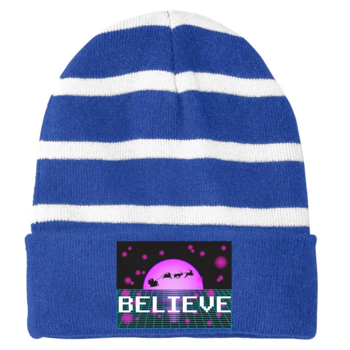 Believe Retro Vaporwave Santa Sleigh Flying Christmas Gift Striped Beanie with Solid Band