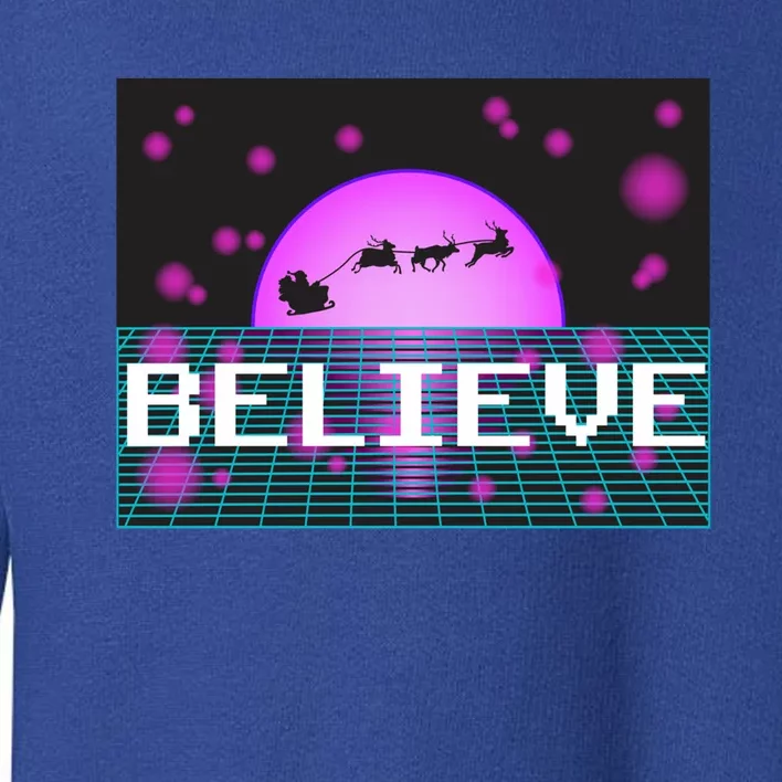 Believe Retro Vaporwave Santa Sleigh Flying Christmas Gift Toddler Sweatshirt