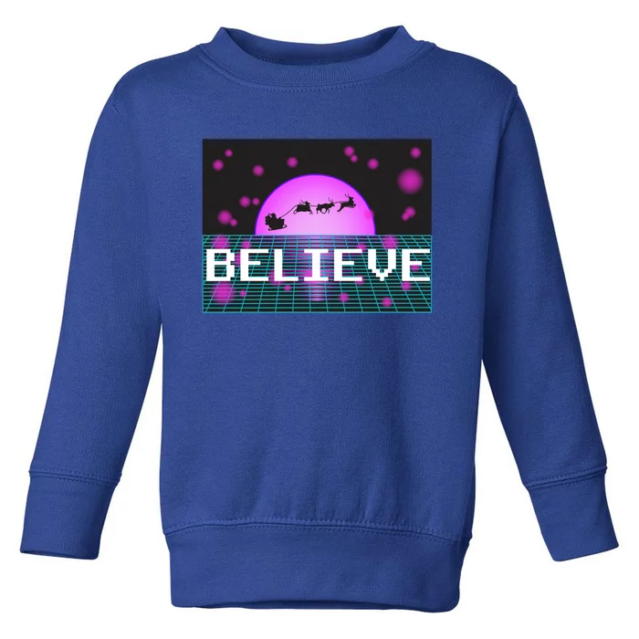 Believe Retro Vaporwave Santa Sleigh Flying Christmas Gift Toddler Sweatshirt