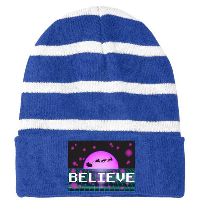 Believe Retro Vaporwave Santa Sleigh Flying Christmas Gift Funny Gift Striped Beanie with Solid Band