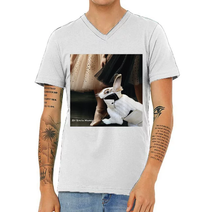 Bunny Rabbit With Ballet Dancers V-Neck T-Shirt