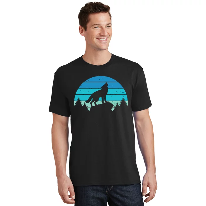 Blue Retro Wolf Forest Print Wild Animal Wilderness Wolves T-Shirt