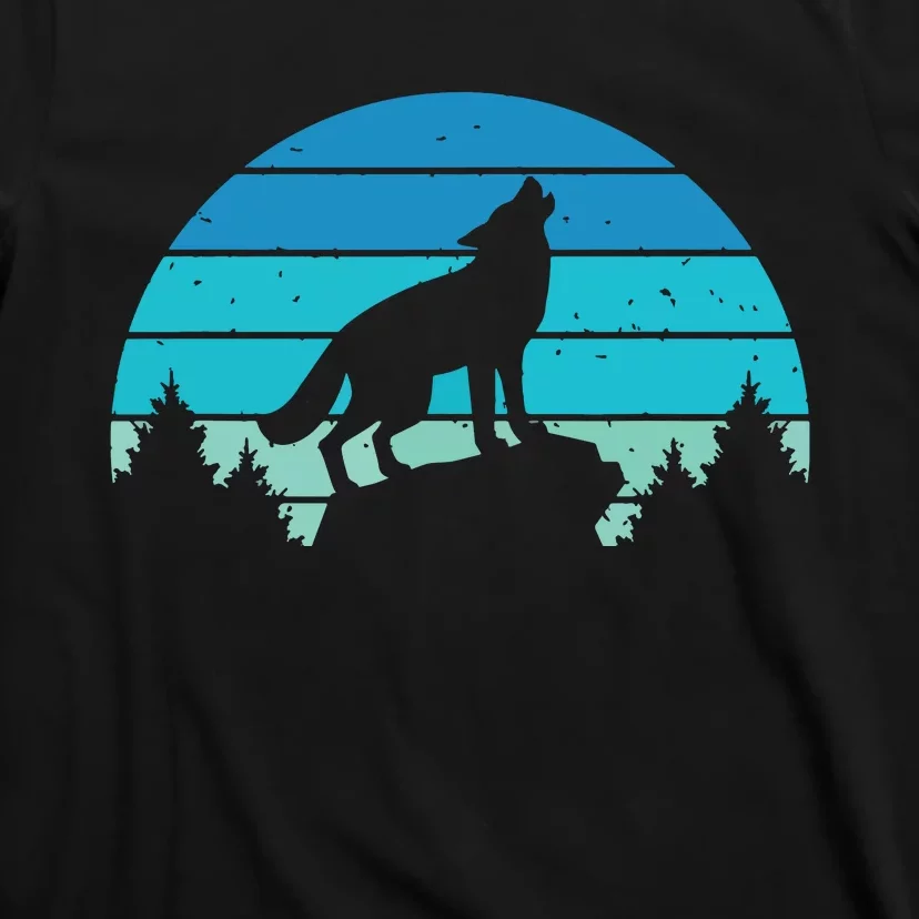 Blue Retro Wolf Forest Print Wild Animal Wilderness Wolves T-Shirt