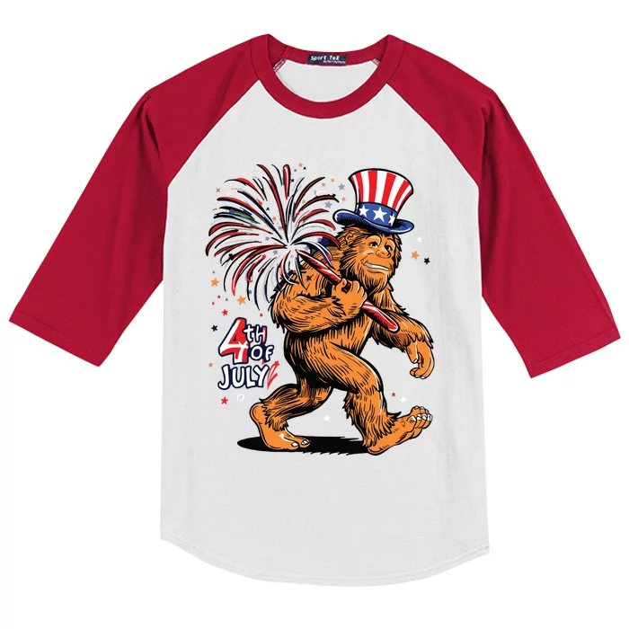 Bigfoot Sasquatch 4th Of July Fireworks Kids Colorblock Raglan Jersey