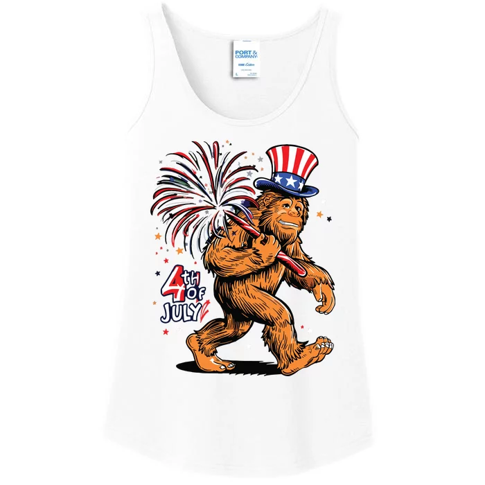 Bigfoot Sasquatch 4th Of July Fireworks Ladies Essential Tank