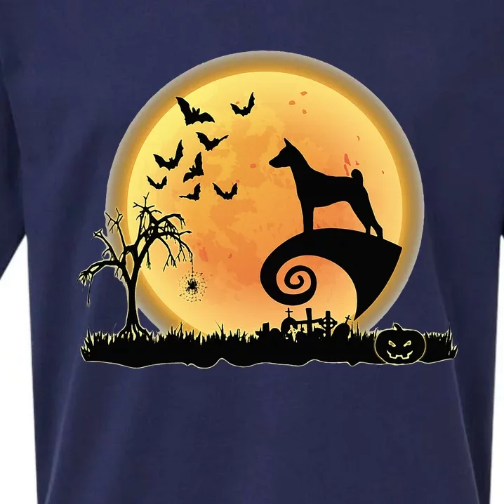 Basenji Scary And Moon Funny Dog Halloween Costume Sueded Cloud Jersey T-Shirt