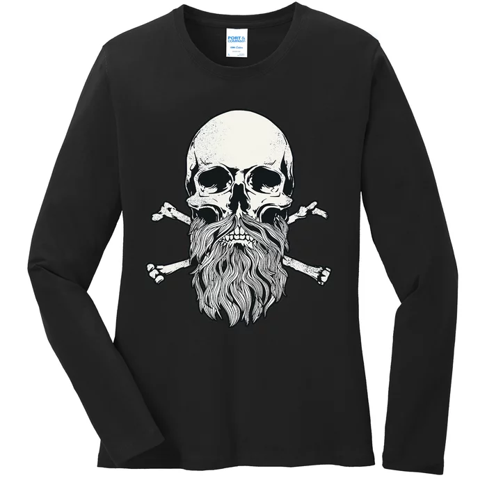 Bearded Skull and Crossbones Pirate Beard Ladies Long Sleeve Shirt