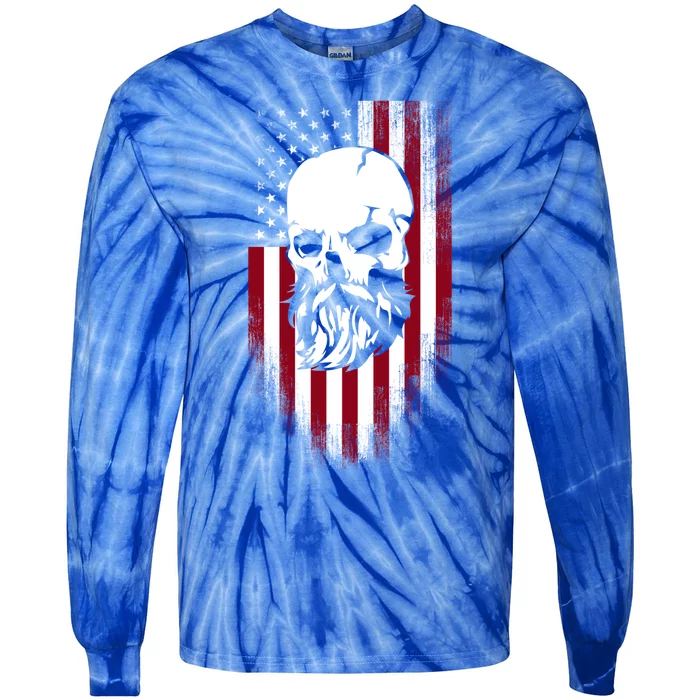 Bearded Skull And Us Flag Independence Day Gift Tie-Dye Long Sleeve Shirt