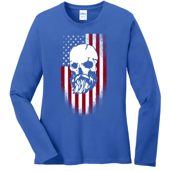 Bearded Skull And Us Flag Independence Day Gift Ladies Long Sleeve Shirt