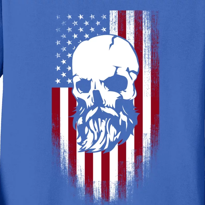 Bearded Skull And Us Flag Independence Day Gift Kids Long Sleeve Shirt