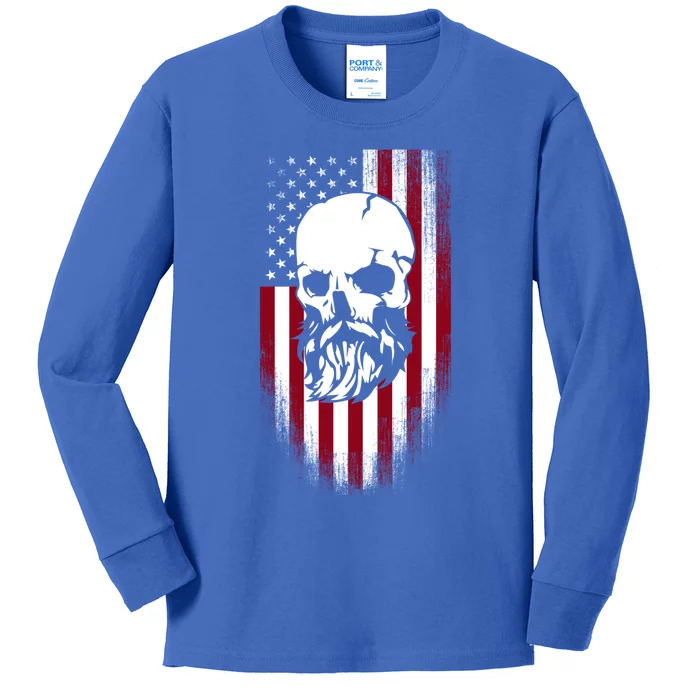 Bearded Skull And Us Flag Independence Day Gift Kids Long Sleeve Shirt