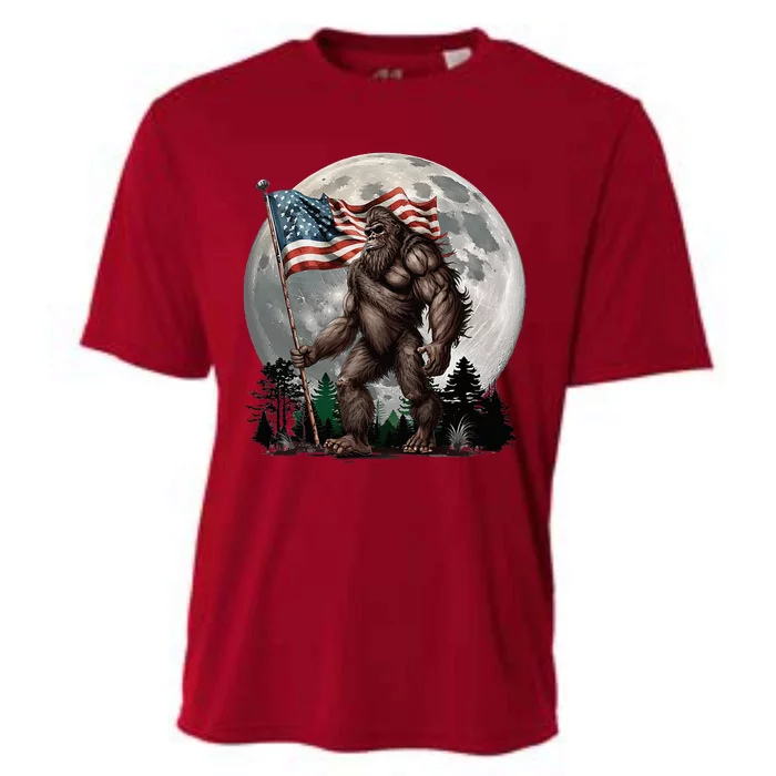 Bigfoot Sasquatch American Flag Full Moon Patriotic Cooling Performance Crew T-Shirt