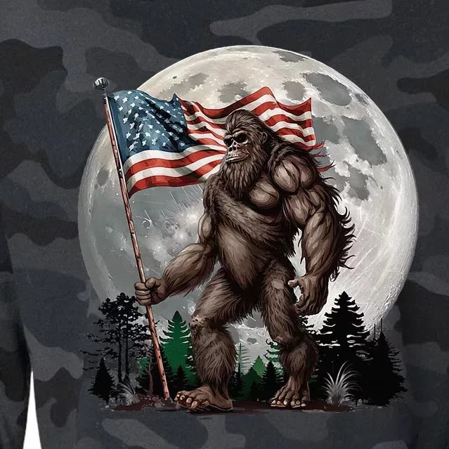 Bigfoot Sasquatch American Flag Full Moon Patriotic Cropped Pullover Crew