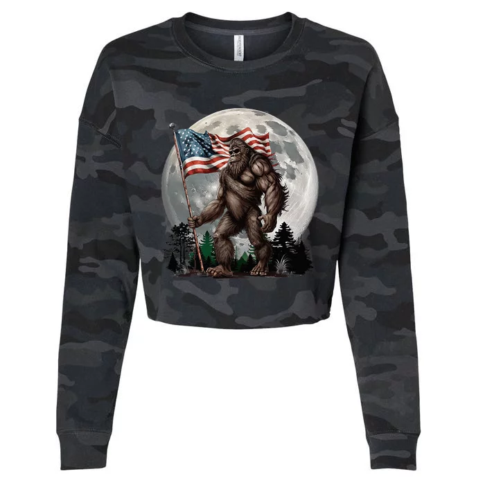 Bigfoot Sasquatch American Flag Full Moon Patriotic Cropped Pullover Crew