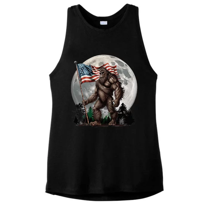 Bigfoot Sasquatch American Flag Full Moon Patriotic Ladies Tri-Blend Wicking Tank