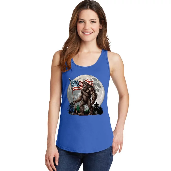 Bigfoot Sasquatch American Flag Full Moon Patriotic Ladies Essential Tank