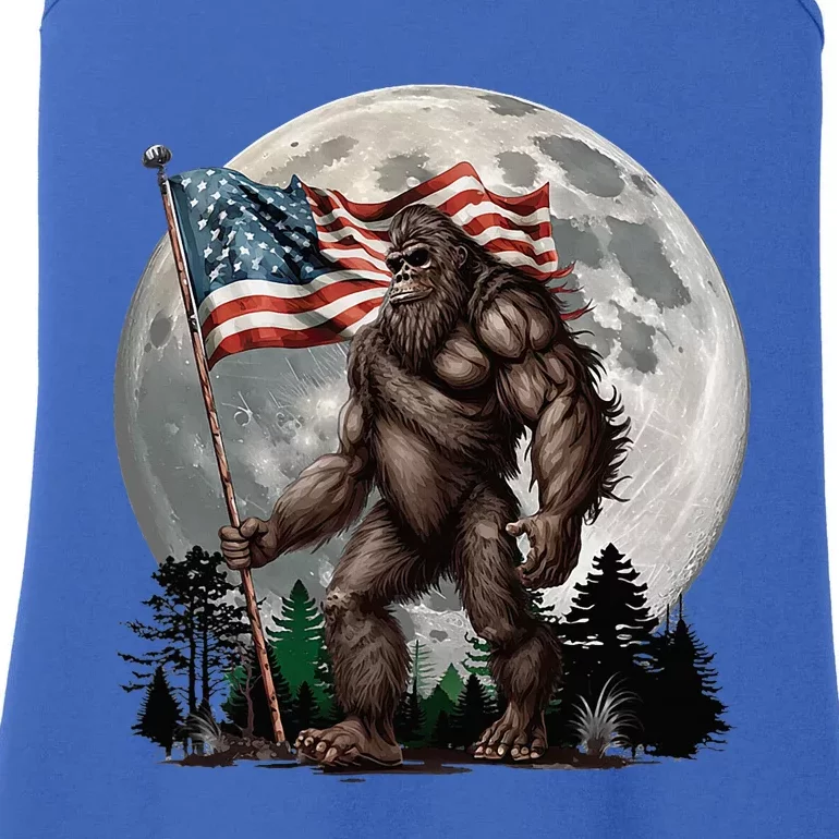 Bigfoot Sasquatch American Flag Full Moon Patriotic Ladies Essential Tank