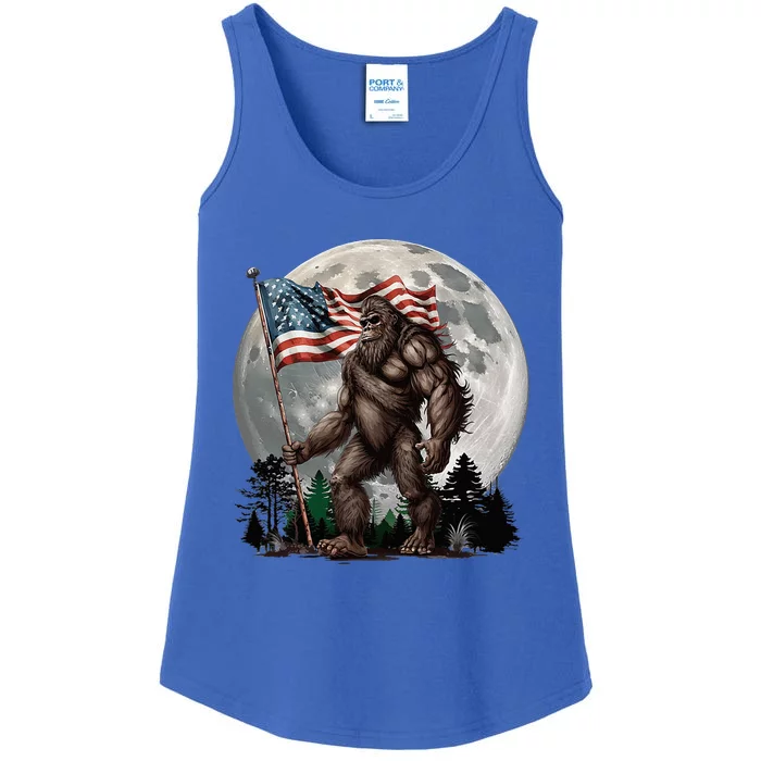 Bigfoot Sasquatch American Flag Full Moon Patriotic Ladies Essential Tank