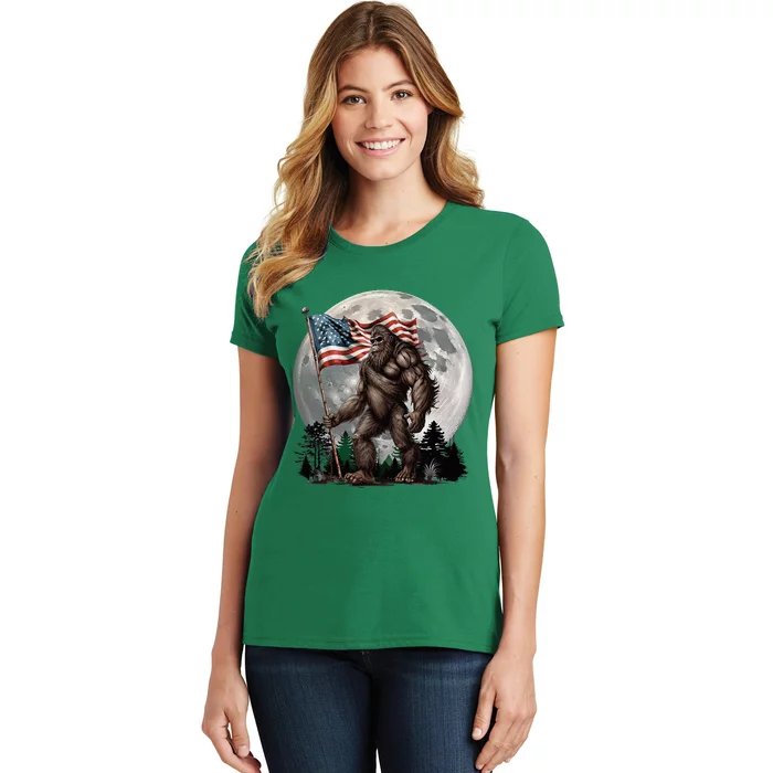 Bigfoot Sasquatch American Flag Full Moon Patriotic Women's T-Shirt