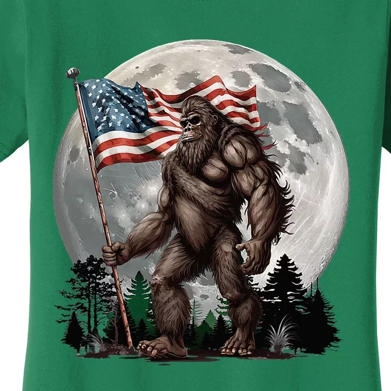 Bigfoot Sasquatch American Flag Full Moon Patriotic Women's T-Shirt