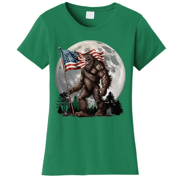 Bigfoot Sasquatch American Flag Full Moon Patriotic Women's T-Shirt