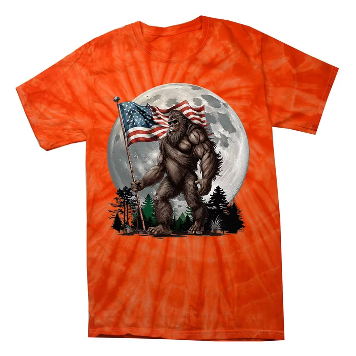 Bigfoot Sasquatch American Flag Full Moon Patriotic Tie-Dye T-Shirt